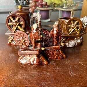Vintage lava glaze ceramic teapot, creamer and salt and pepper shakers